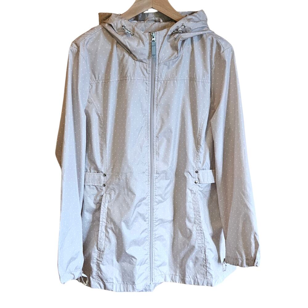 Jones New York XXL Plus Champagne Tan Polka Dot Hooded Rain Jacket Windbreaker